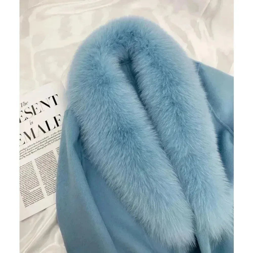 Cashmere Wool coat 2024 Autumn-Winter Women\'s Fox Fur Coat Large fur collar long skirt slim long jacket High Street