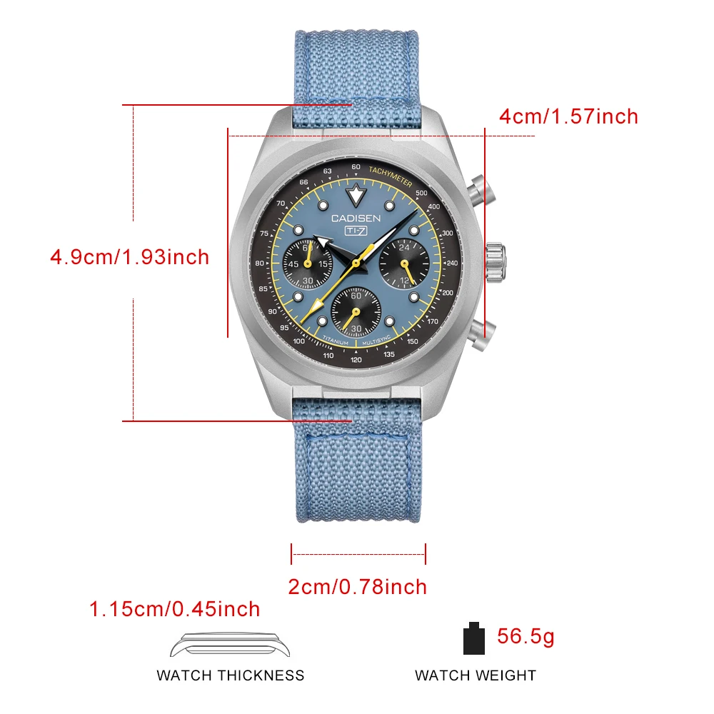CADISEN Titanium TI-7 MULTISYNC New Moon Mens Watches Canvas Chronograph VK63 Men Gift AR Sapphire Luxury Quartz Watch For Man view 6