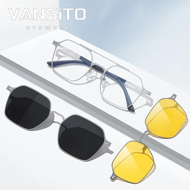 

VANSITO Men's Aluminum Magnesium Sunglasses Three in One Polarized Magnetic Sleeve Sunglasses Optical Glasses Myopia Glasses
