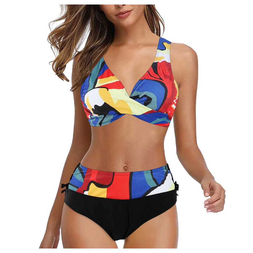 Bikini de talla grande para mujer, conjunto de Tankini estampado, traje de baño acolchado de cintura alta, dos piezas