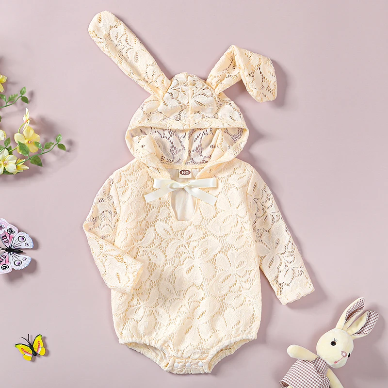 

0-24Months Baby Girls Lace Romper Long Sleeve Bunny Ears Hooded Bow Hollowed Bodysuit Clothes for Casual Daily