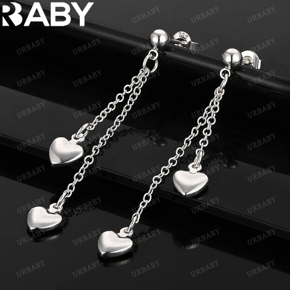 

URBABY 925 Sterling Silver Double Heart Drop Earrings For Women Jewelry Fashion Elegant Engagement Wedding Accessories