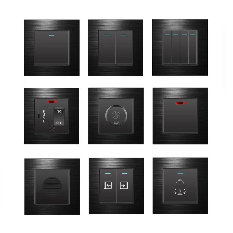 

Black Brushed Aluminum Alloy Metal Panel UK 86Type Electrical Wall Light Switches 1 2 3 4 Gang Fuse Fan Water Heater Switch