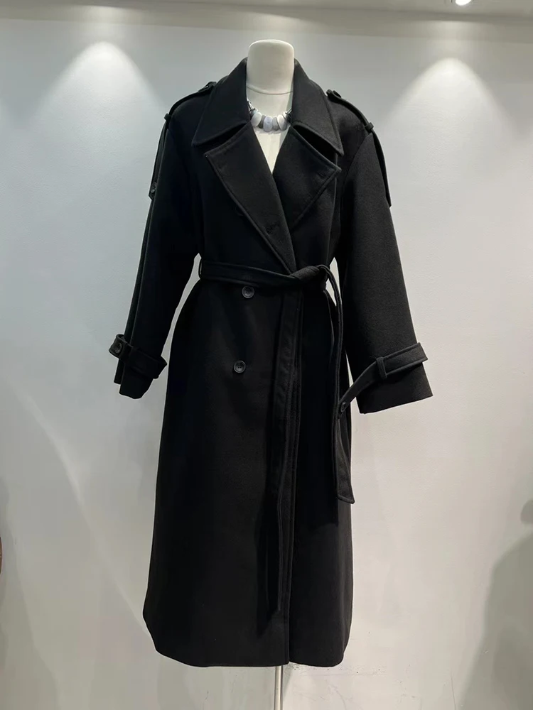 TWOTWINSTYLE Solid Spliced Sashes Long Coats For Women Lapel Long Sleeve Spliced Button Temperament Trenches Female Fashion New