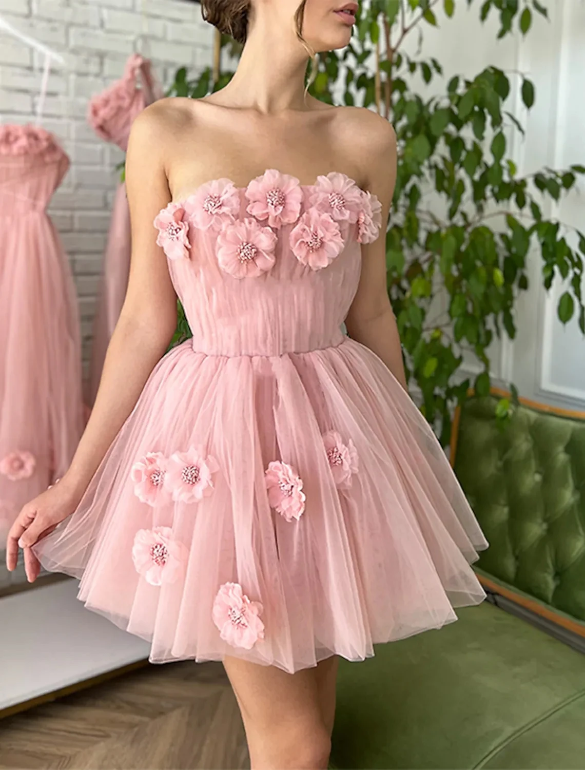 

New A-Line Flirty Short Cocktail Party Dresses Pink Strapless 3D Flowers Tulle Homecoming Birthday Gowns Robe De Soiree