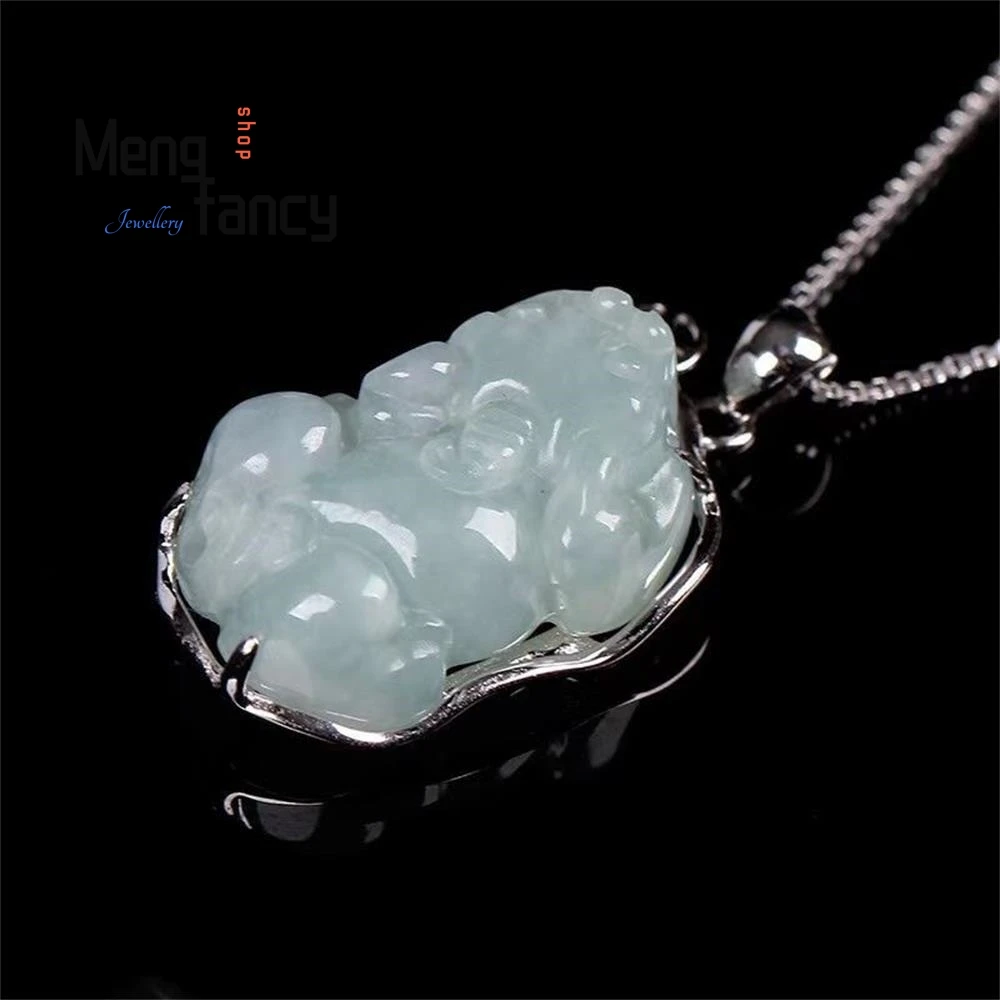 S925 Silver Lnlaid Natural Burmese A-goods Jadeite Fortune Pixiu Jade Pendant Exquisite Elegant Charm High-grade Fashion Jewelry