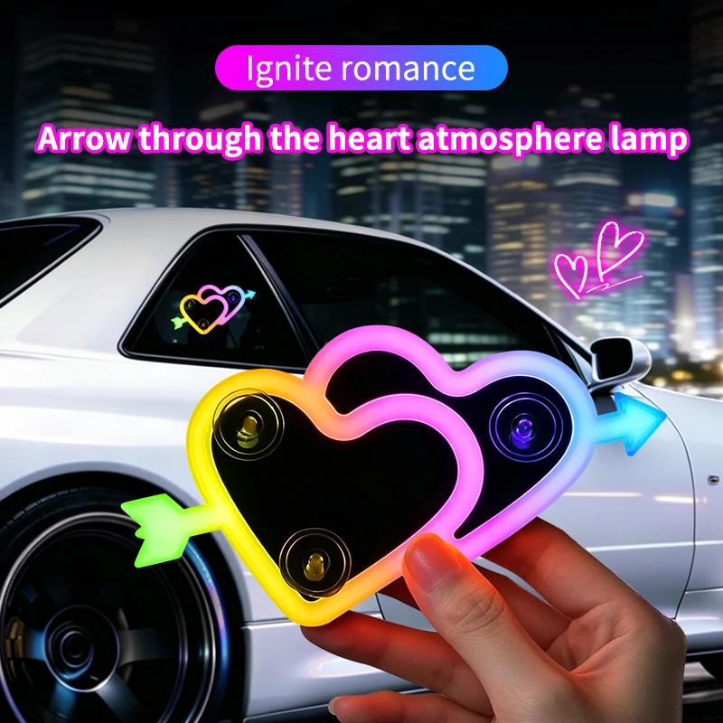 Solar/USB-C Car Ambient Light Car Window Suction Cup Led Atmosphere Light Heart Shaped Rechargeable Neon Lamp Ornaments