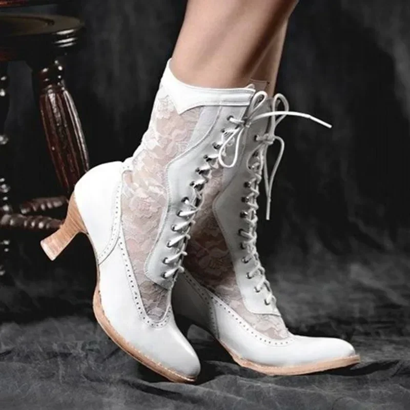 Vintage Women\'s Ankle Boots Victorian Pointed Toe Mid-Calf Boots for Women Elegant Pu Lace Up Boot Spliced Ladies High Heel Shoe