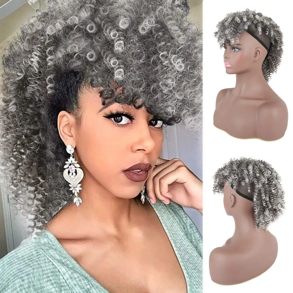 Afro High Puff Hair Bun Ponytail Drawstring With Bangs Synthetic Jerry Curly Mohawk Kinkys Curly Fauxhawks Pony Tail Clip in on