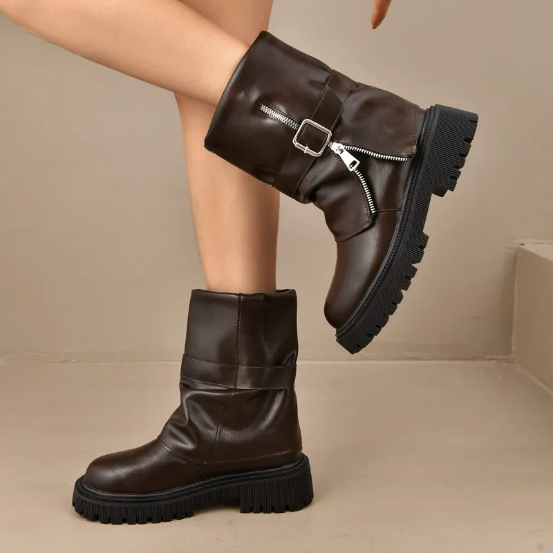 2026 New Round-Tip French Retro Side-Zip Pleated Leather Belt Closure Short Boot Leg Boots Women's Boots
