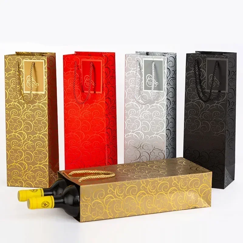 12pcs Gold Stamping Red Wine Gift Bag Strong Load-bearing Double Handle Red Wine Bags Laminated Single Wine Packaging Box