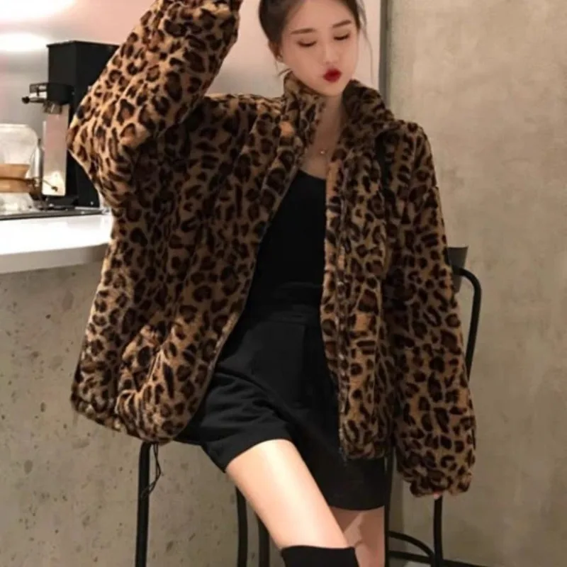 

Leopard Print Imitation fur Coat Winter Loose Thickened Warm Men's Women Same Cotton Clothes Fashionable Simple Fluffy Coat Tide