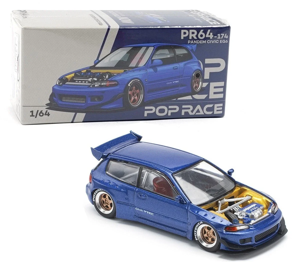 

Модель автомобиля Pop Race 1:64 Pandem Civic EG6 Blue W/ No Hood Diecast Car PR640174 JDM