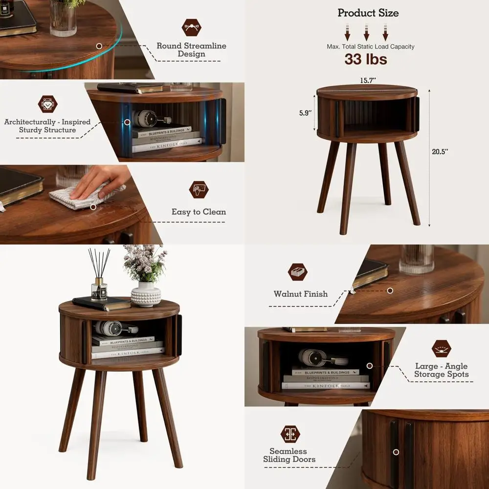 

Side Table with Sliding Door & Cabinet, End Table for Living Room, Night Stand for Bedroom, Modern Bedside Table with Solid Wood