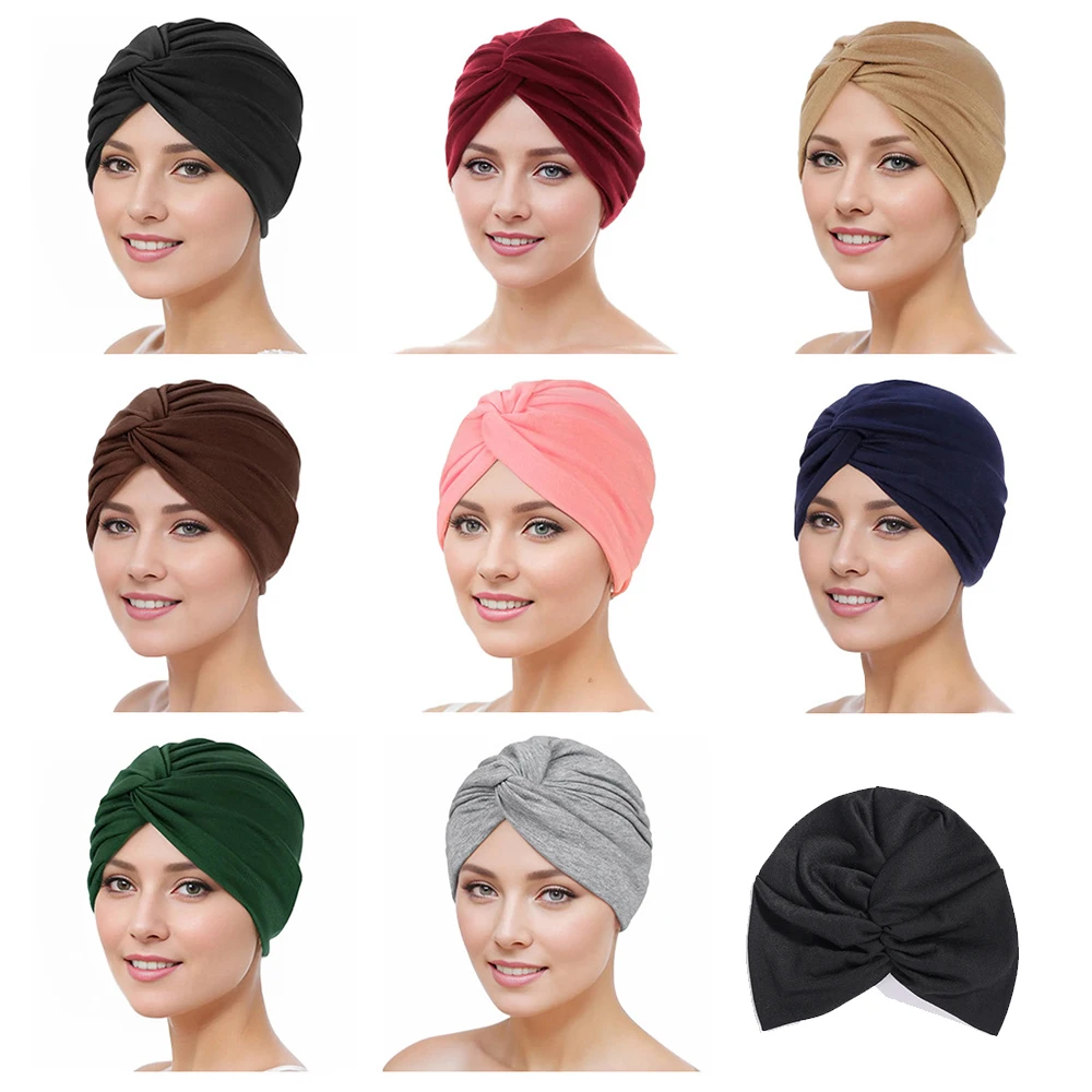 1pcs Stretch Turbans Head Women Cap Cover Twisted Pleated Headwrap Assorted Colors Hair Cover Beanie Hats for Women Girls