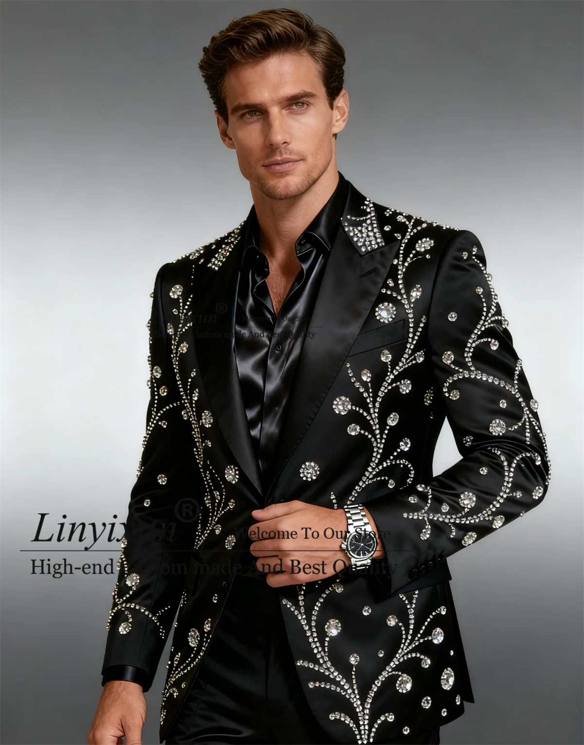 

Handmade Diamond Crystal Men Suits Customized Handsome Wedding Party trajes para hombre 2 Pieces Sets Slim Fit Groom Prom Blazer