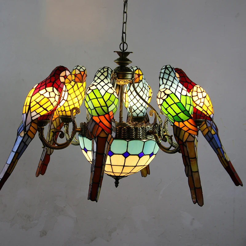 AOSONG Tiffany Parrot Chandelier LED Vintage Creative Color Glass Pendant Lamp Decor for Home Living Room Bedroom Hotel