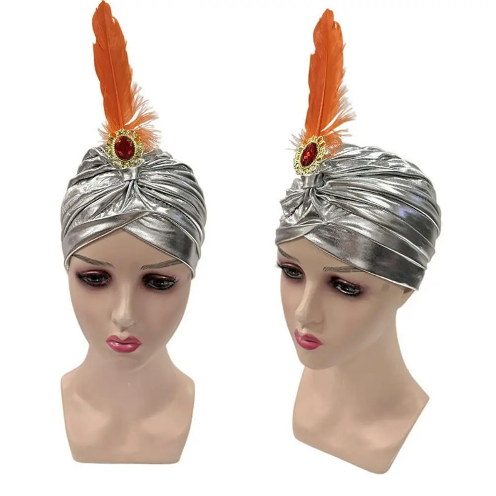 Dress Up Feather Turban Hat Arabian Hats Head Wrap Indian Pleated Cap Ethnic Rhinestones Sultan Costume Headwear Halloween
