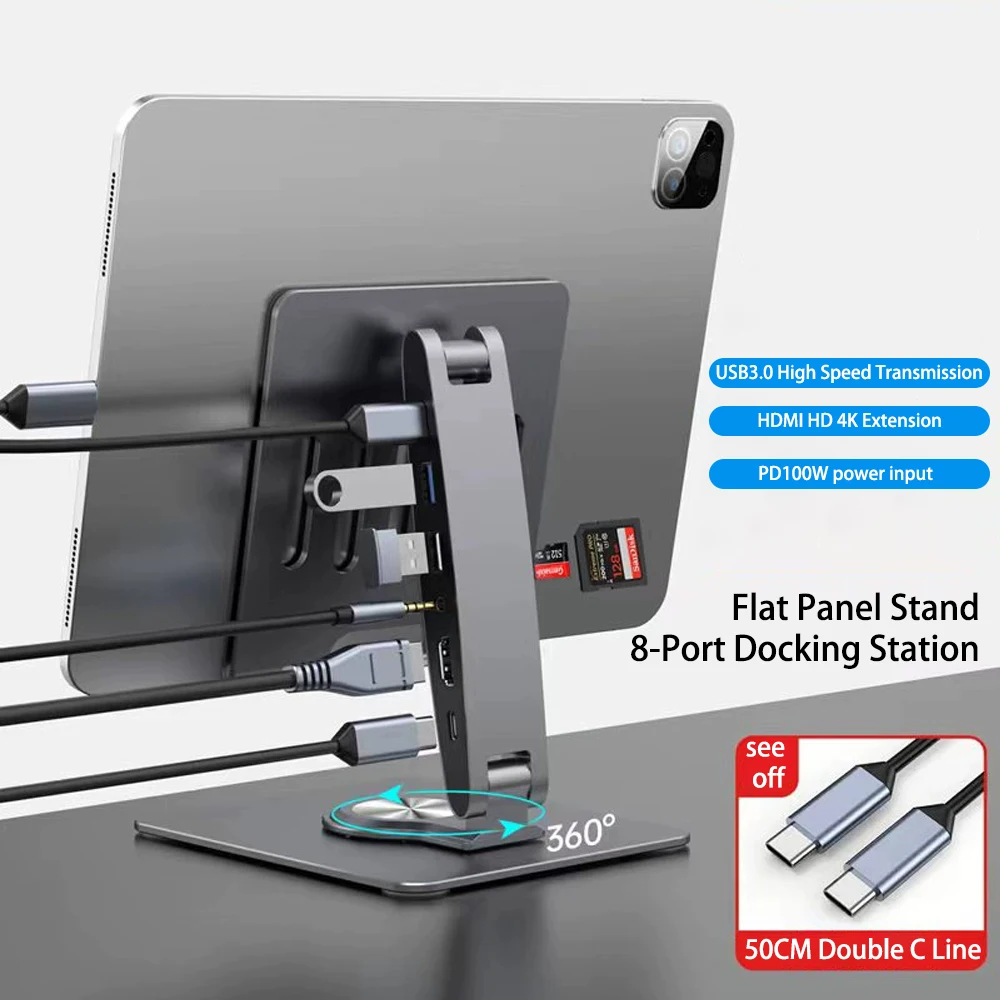 Foldable  USB-C Docking Station HUB for 4-12.9 in iPad Pro and other tablets desktop stand HDMI 4K 30Hz cast screen