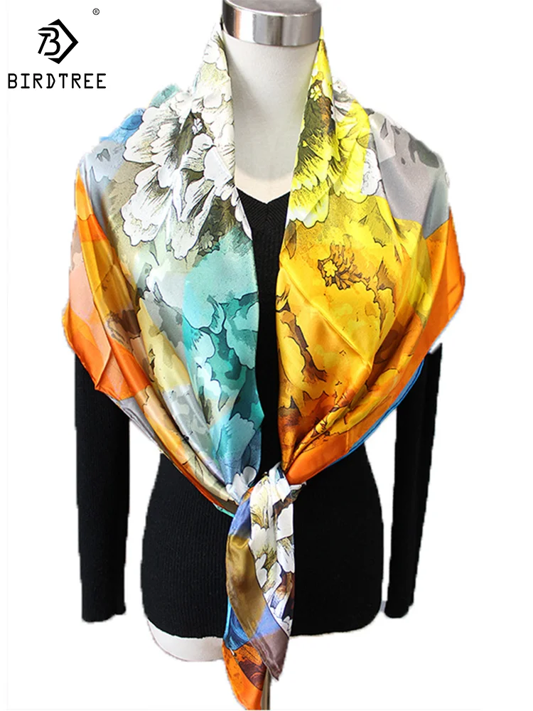 

BirdTree 100%Mulberry Silk Scarf, Flower Ocean Print, Women's Gift Elegant Kerchief, 2024 Spring Fashion Satin Shawl A41530QM