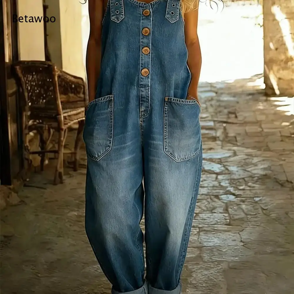 Ladies Relaxed Fit Denim Bib Overalls Sleeveless Adjustable Buckle Straps Front Wooden Buttons Jumpsuit Daily Outfit