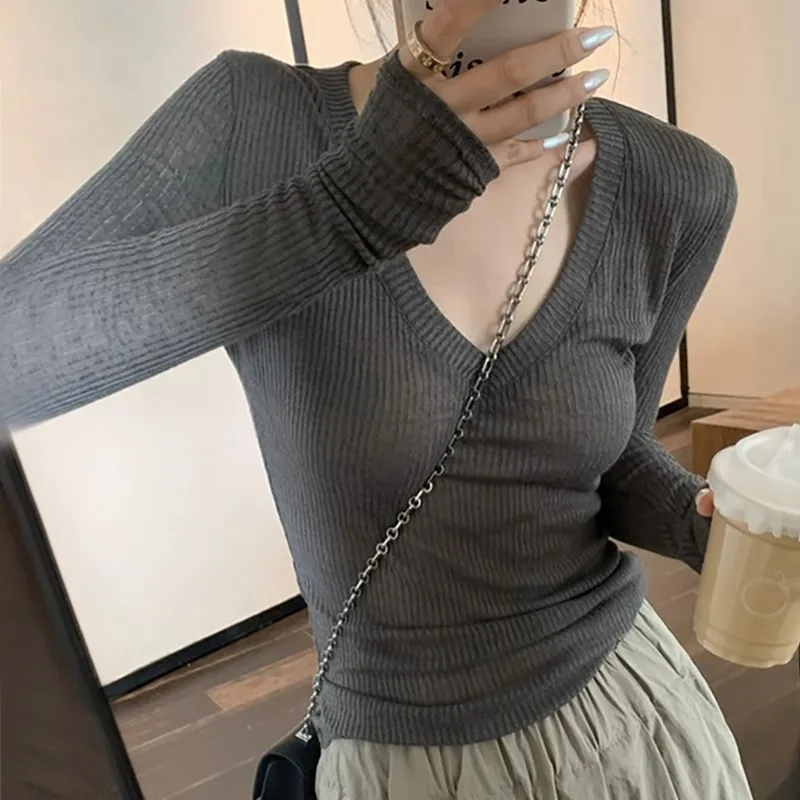 

V-neck Long-sleeved T-shirt Women's Thin Inner Bottoming Shirt Top Women's