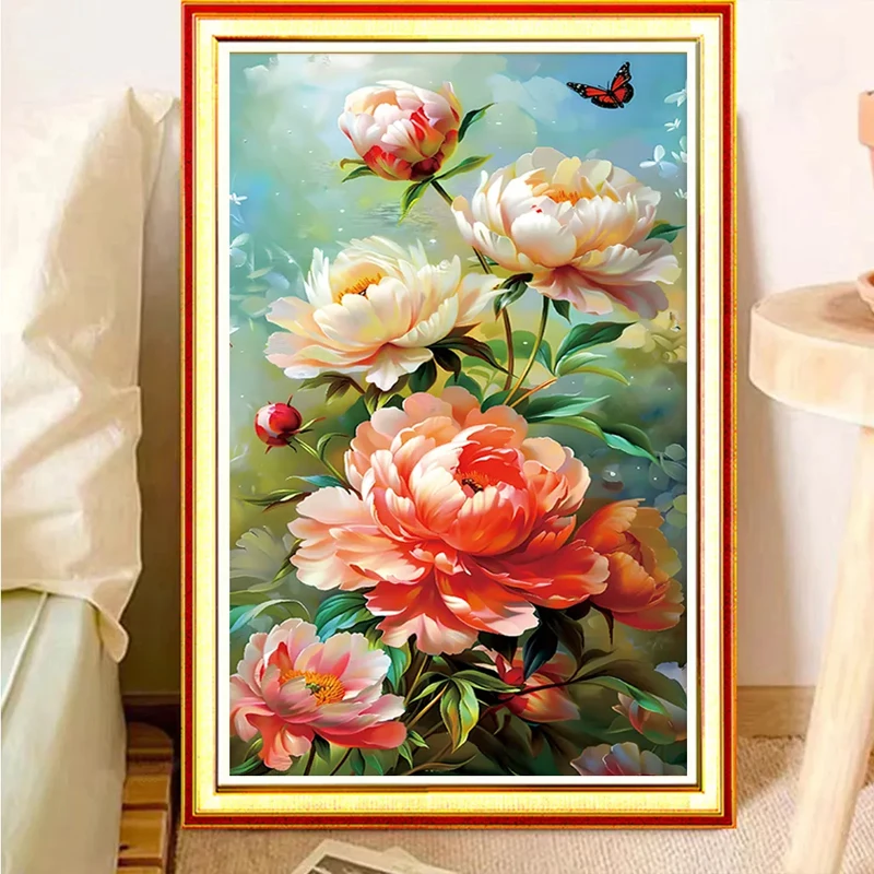 

2024 New Cross Stitch Peony Flower DIY Adhesive Diamond Painting Precision Printing Tool Modern Simple Style Home Fabric Kit