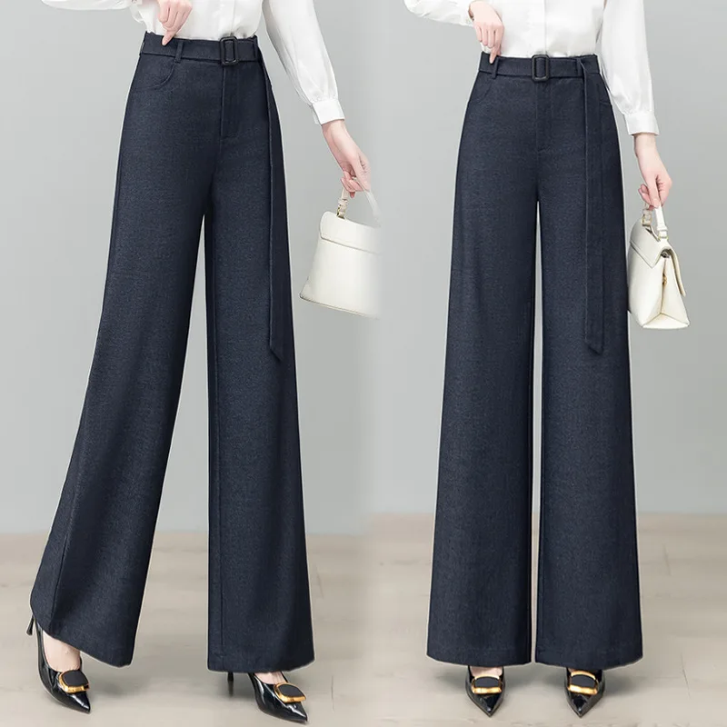 

Navy Blue Wide-Leg Suit Pants for Women, Autumn New High-Waisted Slimming Draped Casual Trendy Straight-Leg Pants This Year