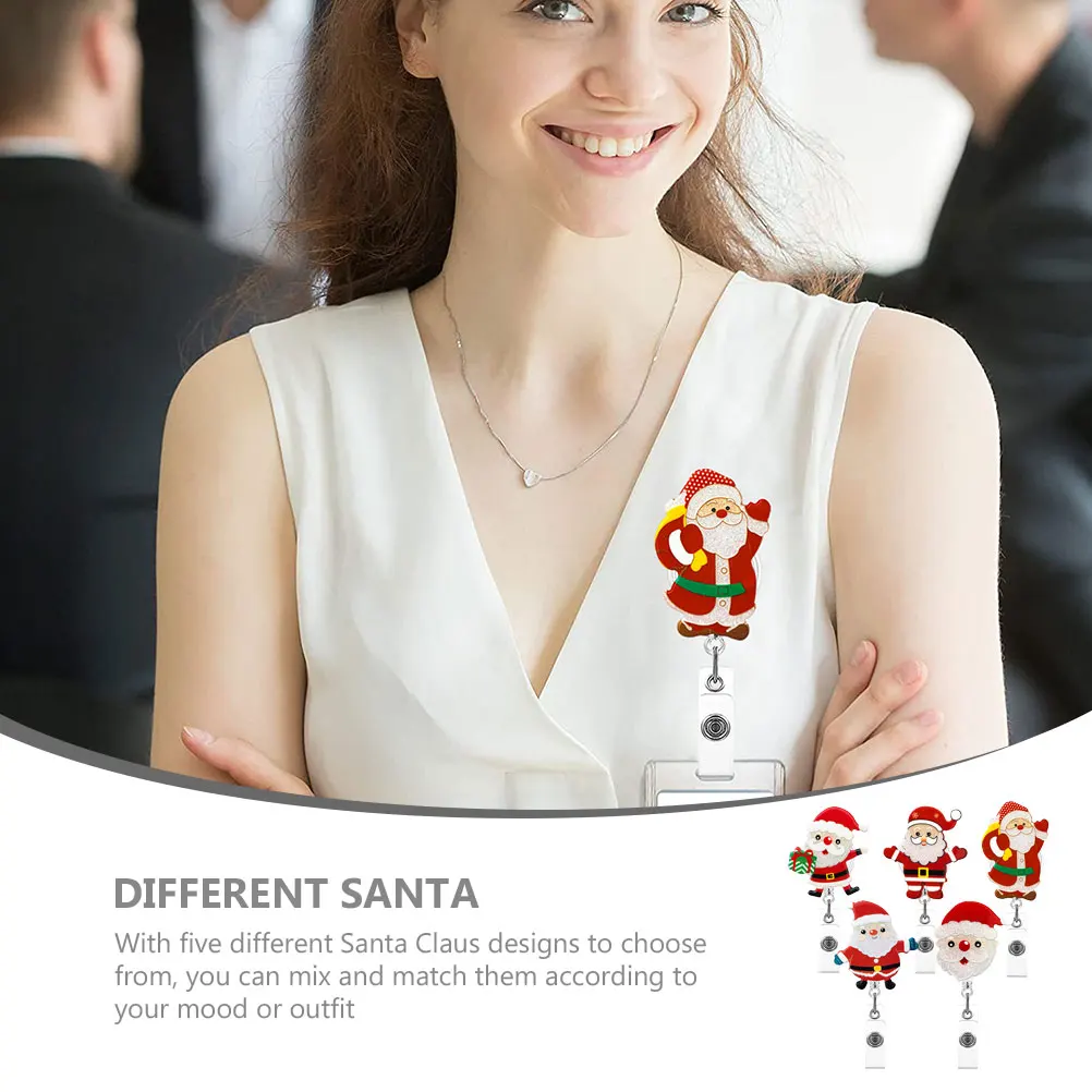 

5pcs Christmas Santa Badge Reel Acrylic Retractable Id Holder Festive Name Tag Clip For Work Office School Xmas Accessory Badge