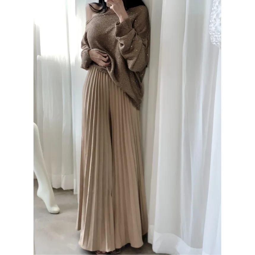 Pantaloni a gamba larga pieghettati all'inizio della primavera Coreano Sle Regular Fit Medio Softn Esclusivo online Autunno Inverno Faion da donna