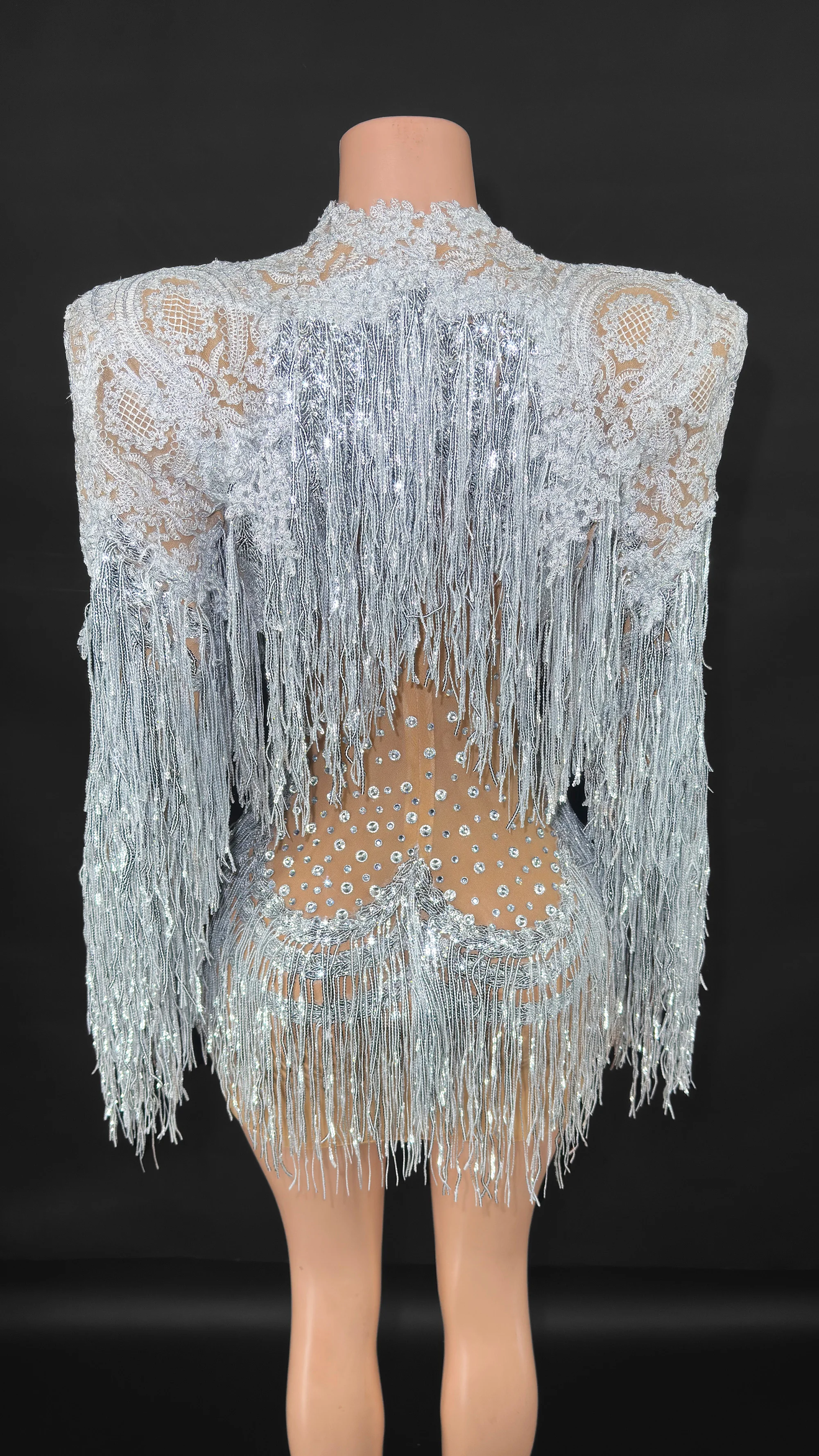 ZD サテンボディスーツセクシーな弾性ラインストーンタッセルナイトクラブウエディングクリスタルフリンジレオタードカジュアルダンスステージ着用