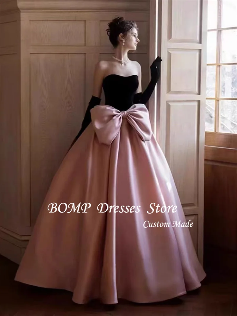 BOMP Princess Pink And Black Party Dresses Long Evening Gowns Black And Pink Satin Big Bow Front Prom Gowns Customized Vestidos