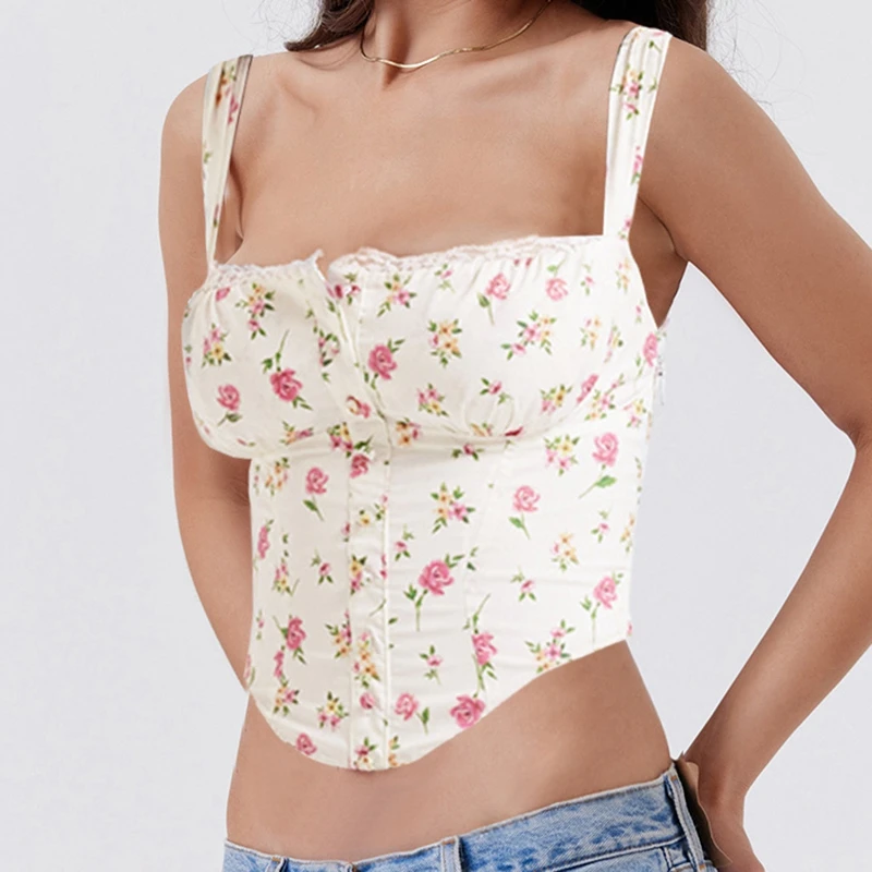 Y2k Summer Women Floral camisole Fairy Grunge Button Lace Trim Crop Top Slim Fit Tie Sleeveless Tank Top Casual Streetwear