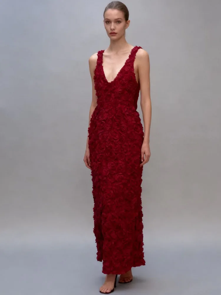 

NEW Women's Fashion V-neck Sleeveless Backless Split Slim Party Long Dresses 2026 BKQU Elegant 3D Flower Maxi Evening Dresses