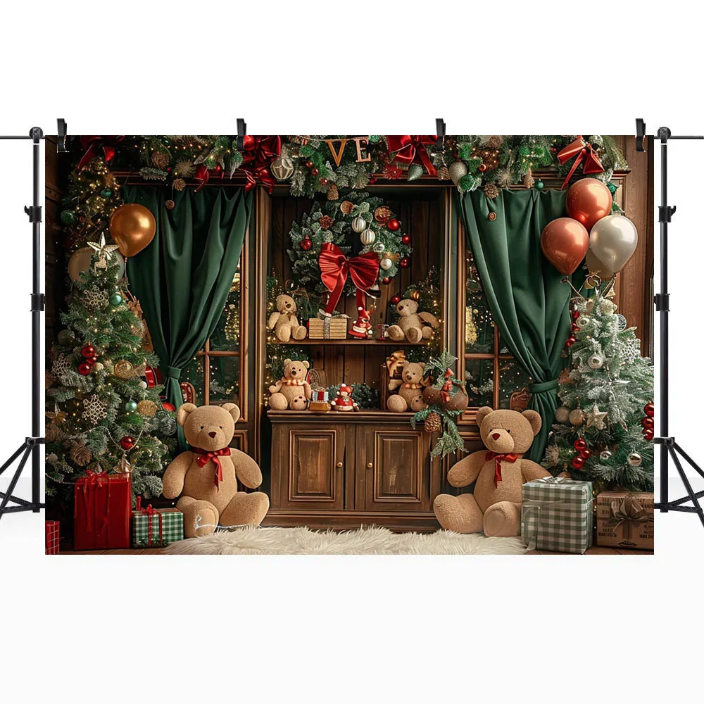 Mocsicka fondo de Navidad para fotografía, guirnalda de gabinete de madera, árbol de Navidad, oso, caja de regalo, fondos de fotos para bebés y niños, sesión fotográfica
