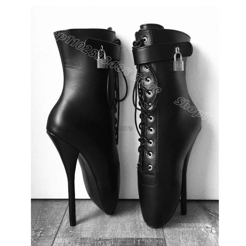 

Black Dance Stiletto Short Boots Lace up Lock Decor Stylish Matte Leather Fashion Women Casual Short Boots Zapatos Para Mujere