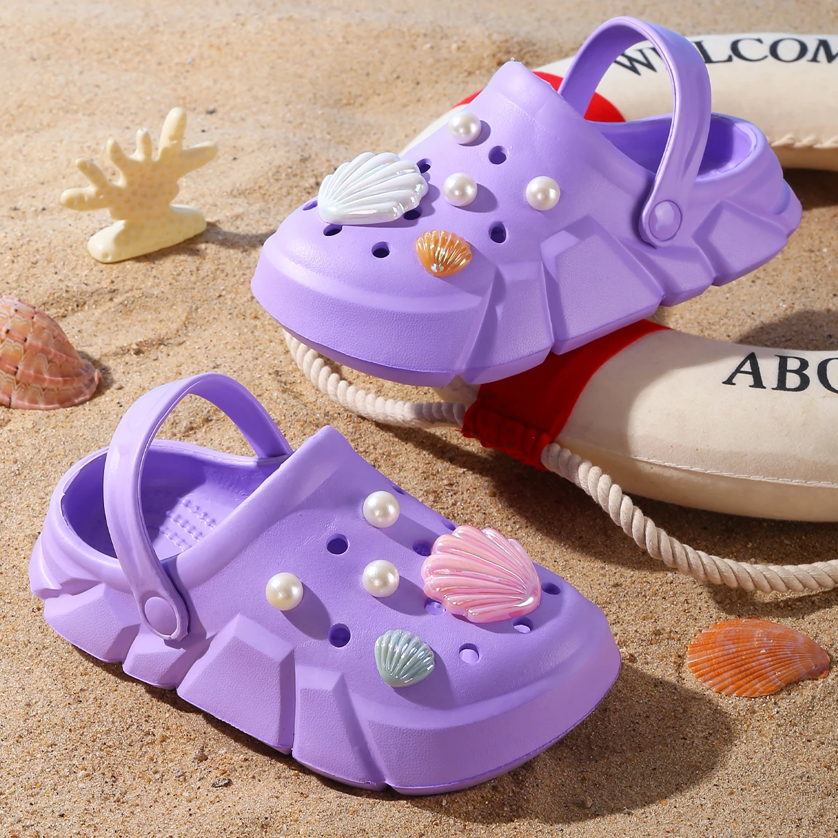 Trendy Cute Shells And Pearls Design Garden Clog Shoes For Girls, Breathable Non-slip Slip-On Sandals, Beach Slide