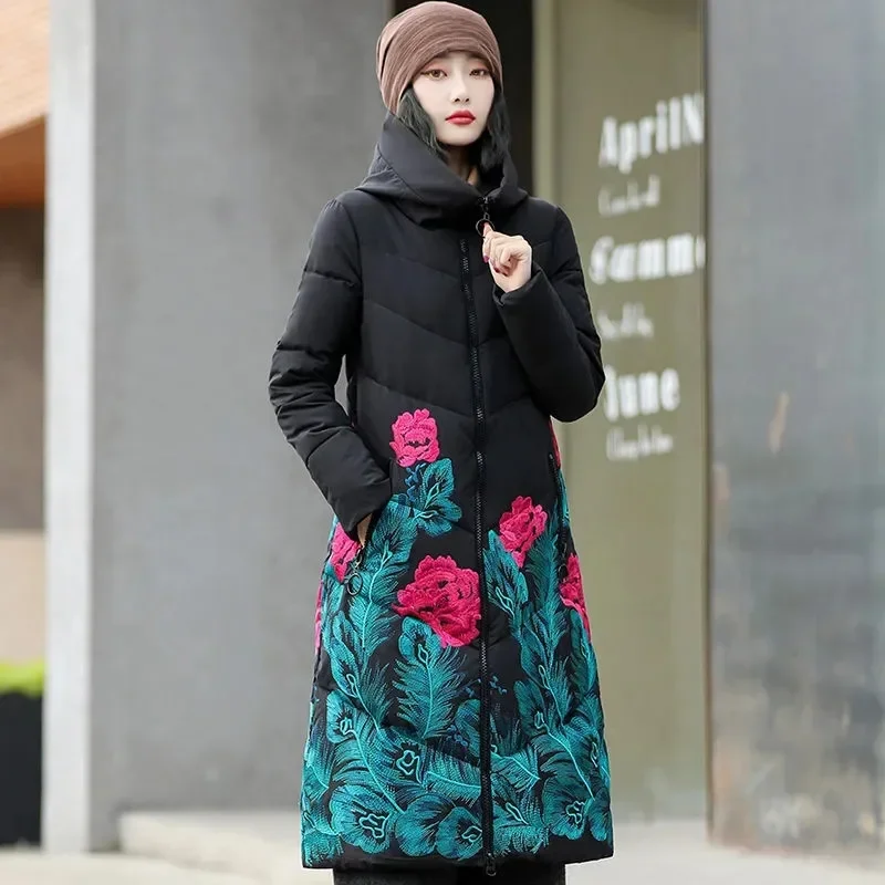 

Winter Parkas Embroidery Print Down Padded Jacket Women Hooded Long Slim Cotton Clothes Thick Warm Overcoat Female JJ417