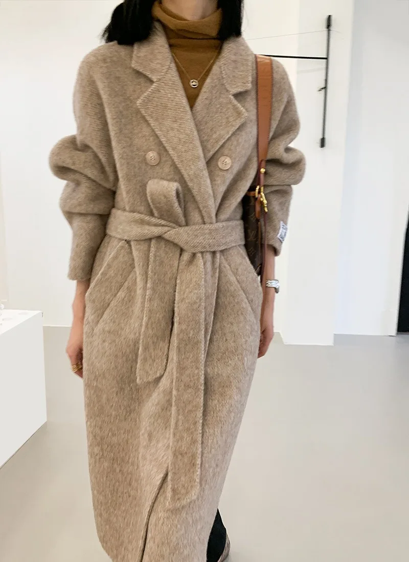 

Double-sided Cashmere Coat Long Thicken Warm Belt Double-breasted Loose Long Wool Coat Lady Outwear
