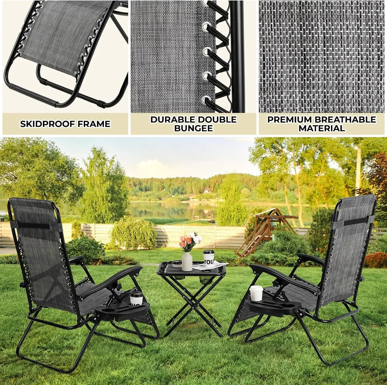 Zero Gravity stoelset 3-delige loungestoel voor buiten, fauteuils met bijzettafel, hoofdsteun en bekerhouders voor terras, tuin, zwembad, strand