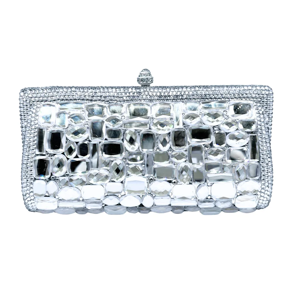 

Elegant Silver Glass Crystal Bridal Clutch Purses Gemstone Evening Bags for WomenWedding Party Handbags Ladies Fashionable