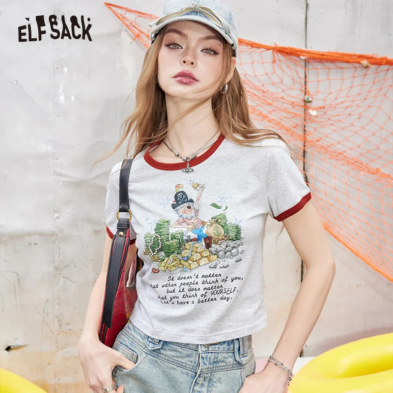 ELFSACK 2024 Summer New Arrivals White slim fit short sleeved t-shirt for women\'s BM casual versatile design top