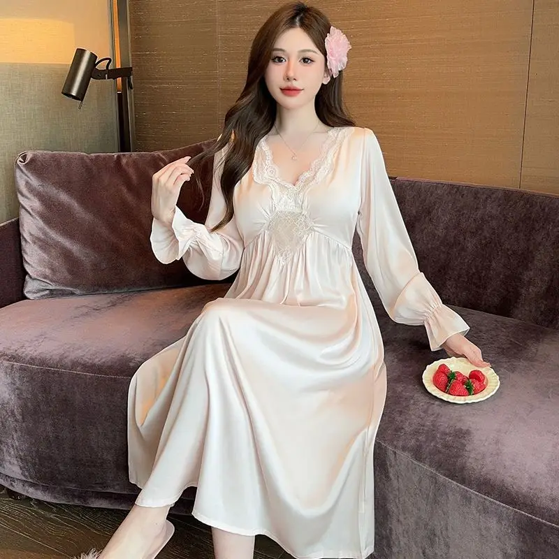 

2026 Spring Long Sleeve Sexy Lace Lingerie V-neck Silk Satin Nightgowns for Women Korean Sleepwear Nightdress Night Dress Nighty