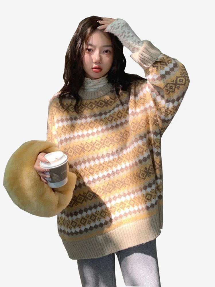 Chic Schöne Fair Isle Strickwaren frauen Herbst Winter Neue Japanische Sle Faul Retro Frühen Frühling Milch Fufu Basis irt