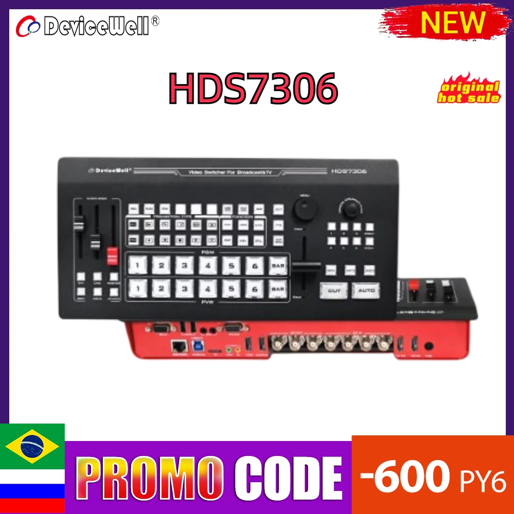 DeviceWell HDS7306 6-CH Video Switcher 4SDI+2HDMI-compatible Input with Record Chroma Key USB 3.0 UVC for Living Streaming