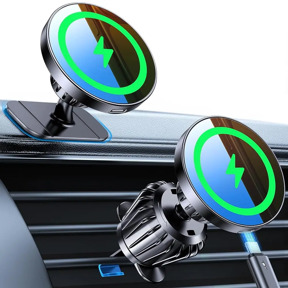 

Автомобильное зарядное устройство MagSafe【Усиленные магниты】Магнитное беспроводное автомобильное зарядное устройство для iPhone【Крепление на приборную панель+вентиляционное отверстие】для зарядных устройств MagSafe