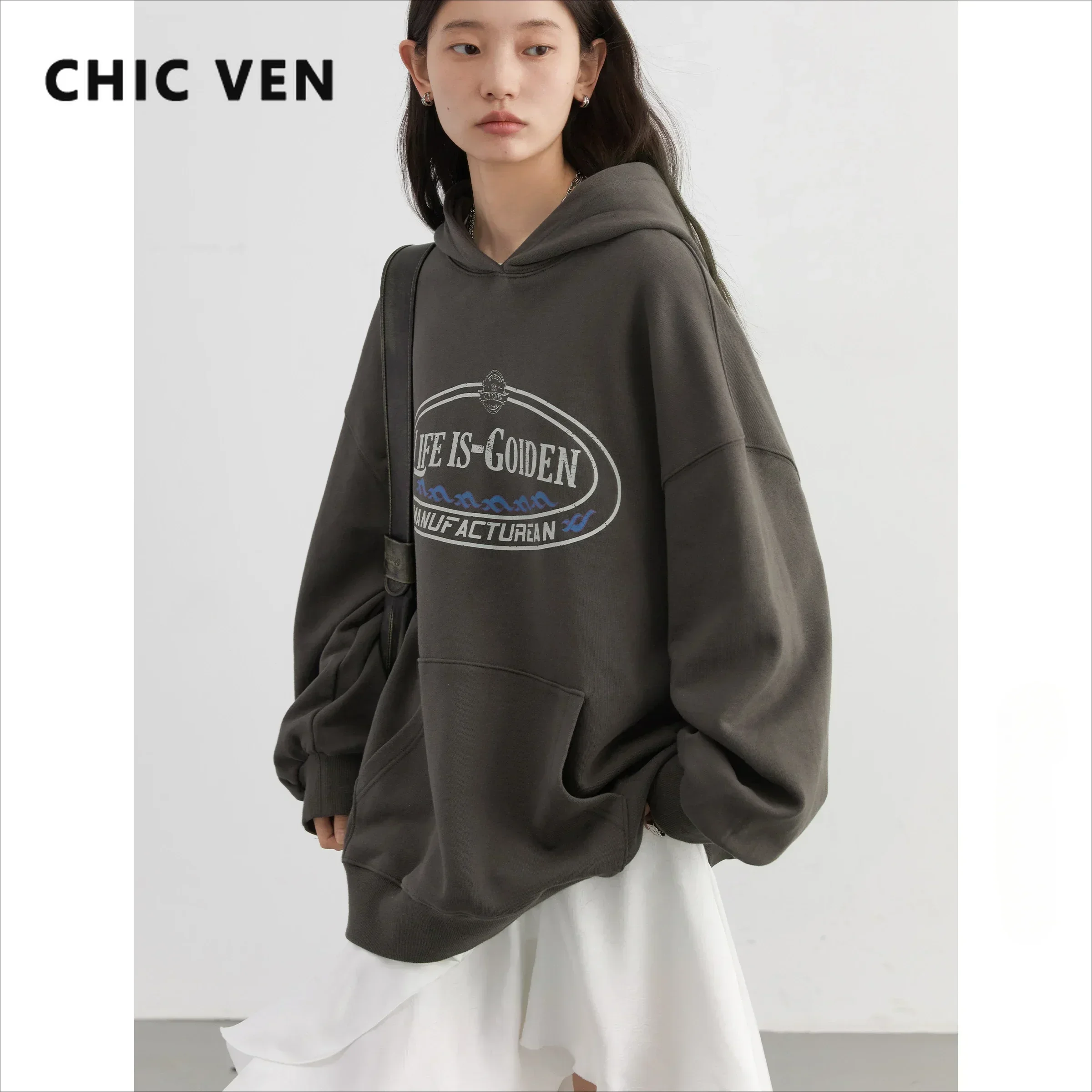 CHIC VEN Women Sweatshirts Streetwear Retro Letter Printed Hooded Sport Coat Hoodies Loose Cotton Female Top Spring Autumn 2024