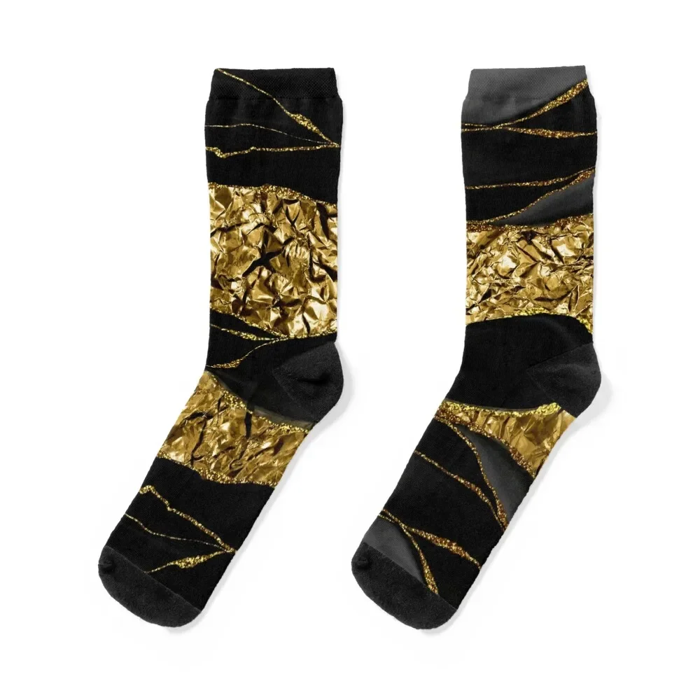 

Black Faux Marble And Gold Faux Metal Texture Socks winter thermal Non-slip winter snow Women's Socks Men's