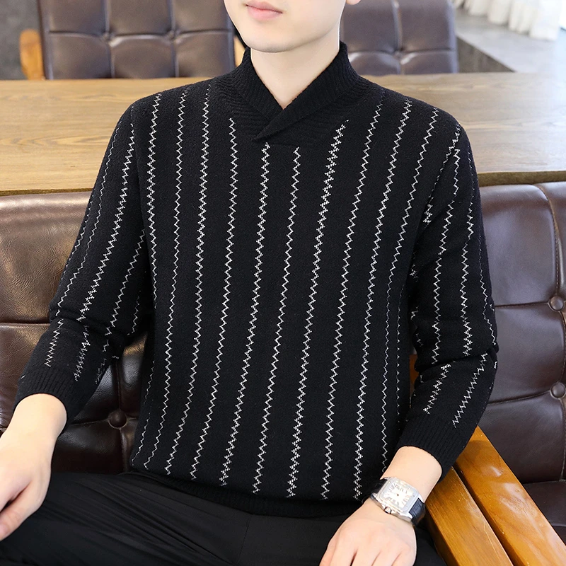

Мужской свитер с v-образным вырезом в вертикальную полоску и высоким воротом, осень-зима 202, модный повседневный однотонный теплый вязаный свитер