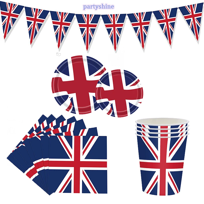 Kingdom UK Flag Flags British Party Tableware Kit Paper Tableware Kit Paper Plates Napkins Cups Banner Party Supplies